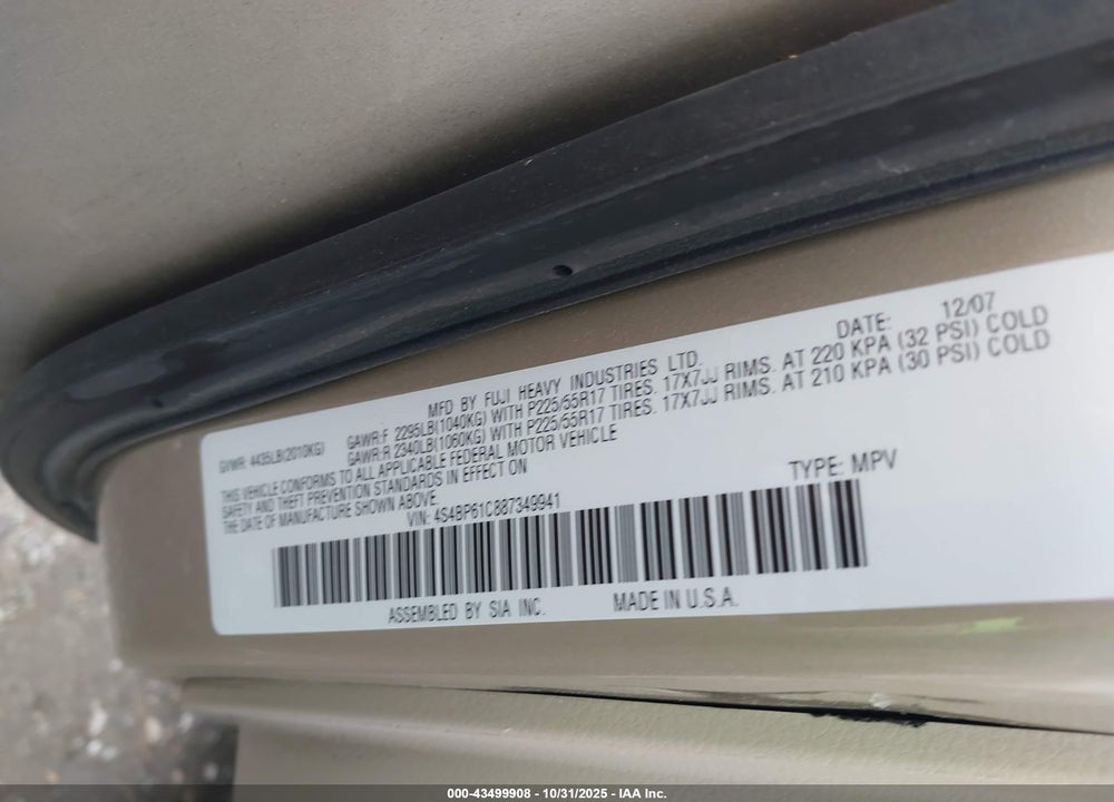 2008 SUBARU OUTBACK 2.5I/2.5I L.L. BEAN EDITION VIN: 4S4BP61C887349941