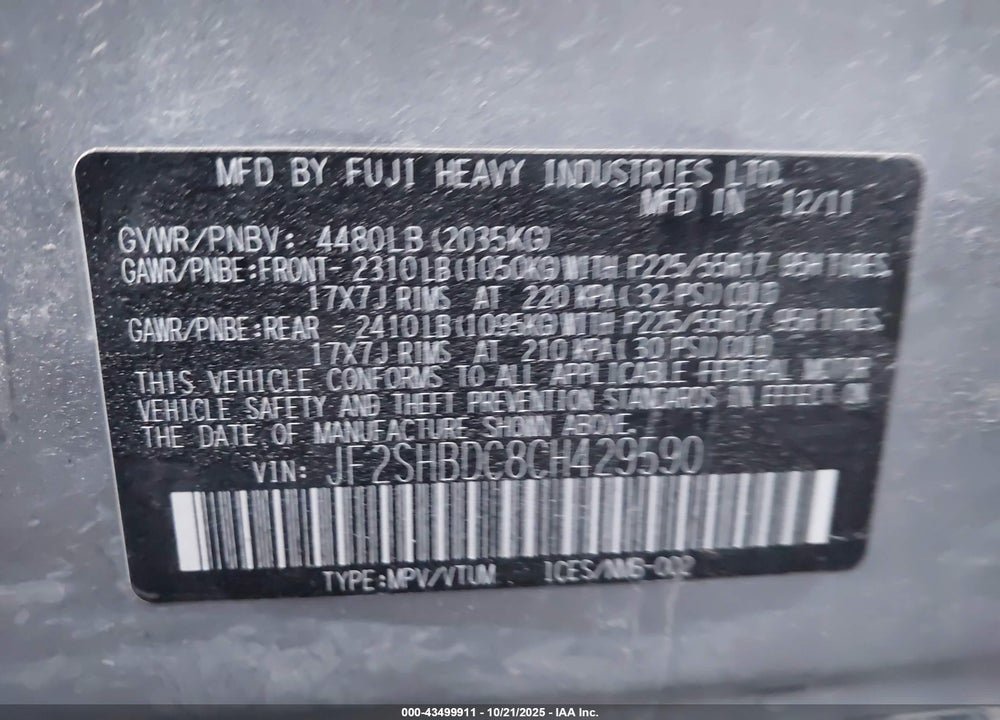 2012 SUBARU FORESTER VIN: JF2SHBDC8CH429590