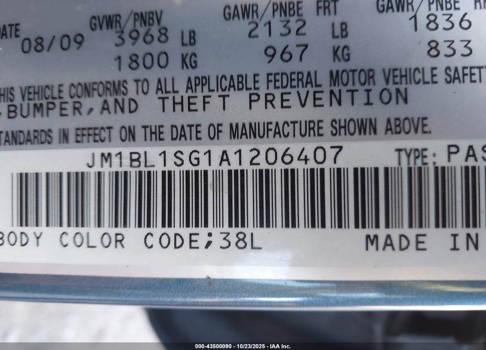 2010 MAZDA 3 VIN: JM1BL1SG1A1206407