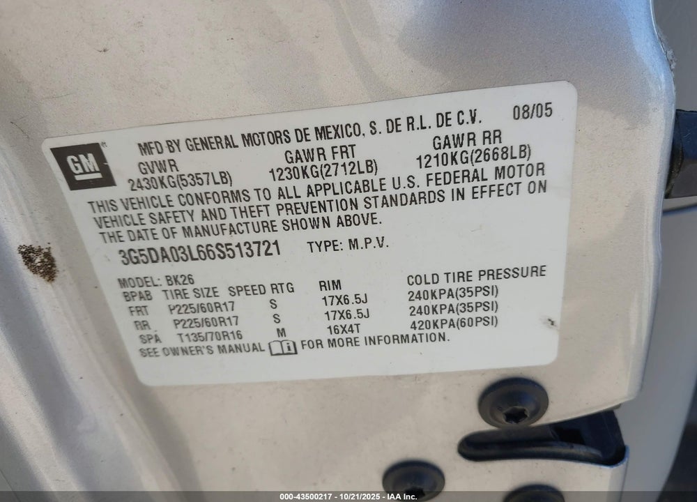 2006 BUICK RENDEZVOUS CX VIN: 3G5DA03L66S513721