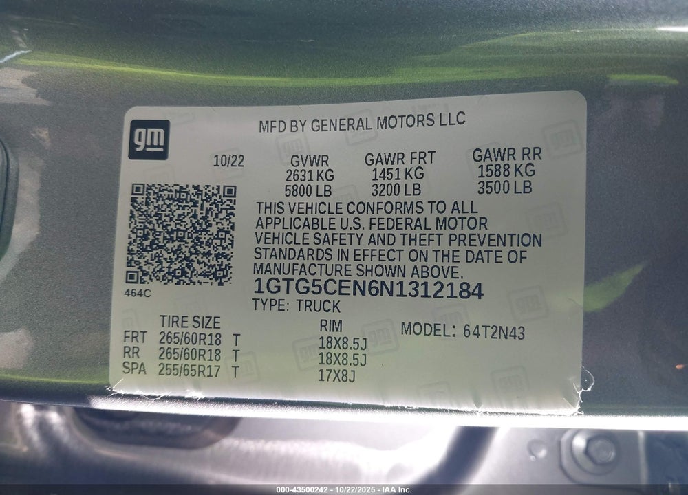 2022 GMC CANYON VIN: 1GTG5CEN6N1312184