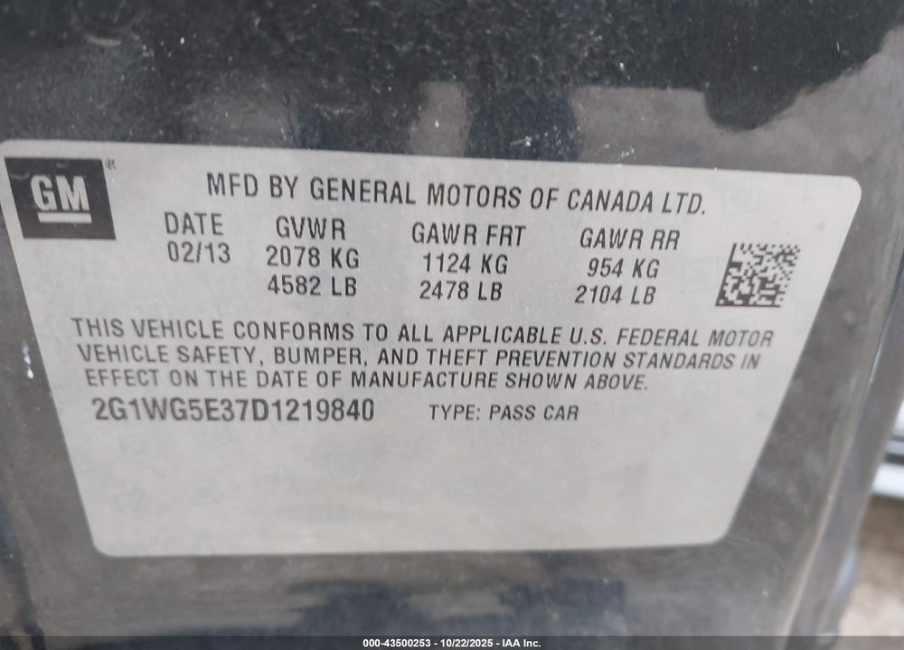 2013 CHEVROLET IMPALA LT VIN: 2G1WG5E37D1219840