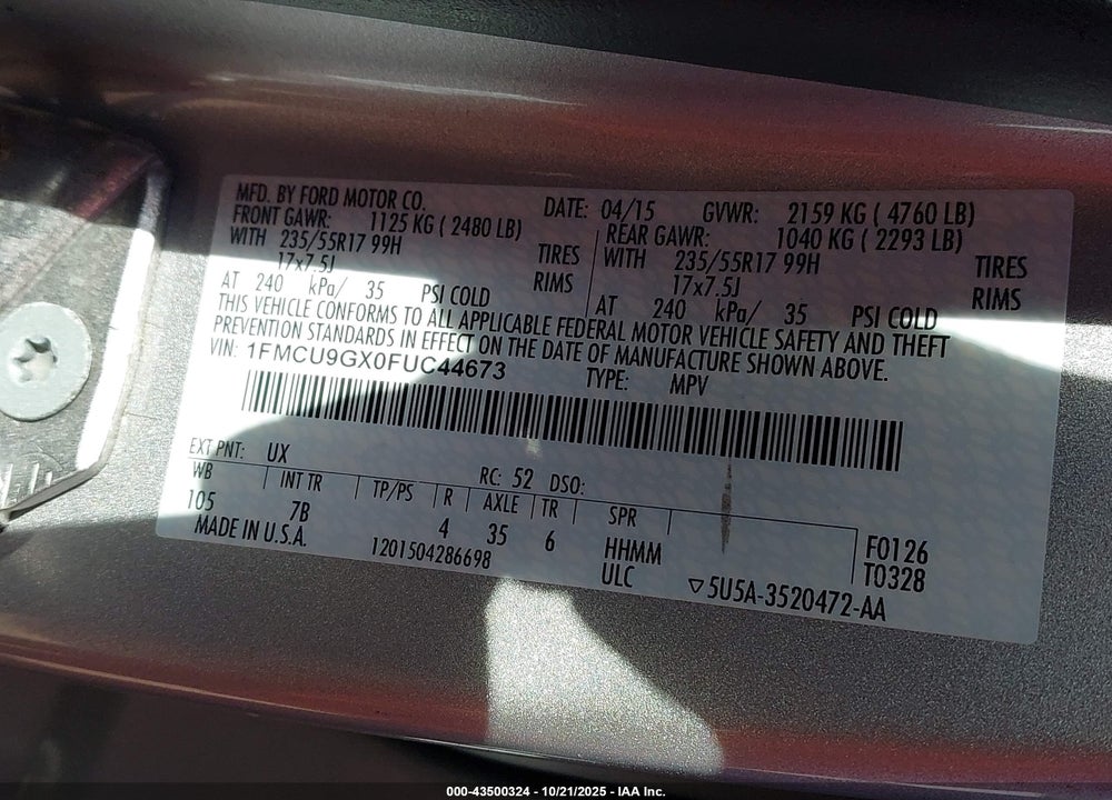 2015 FORD ESCAPE SE VIN: 1FMCU9GX0FUC44673