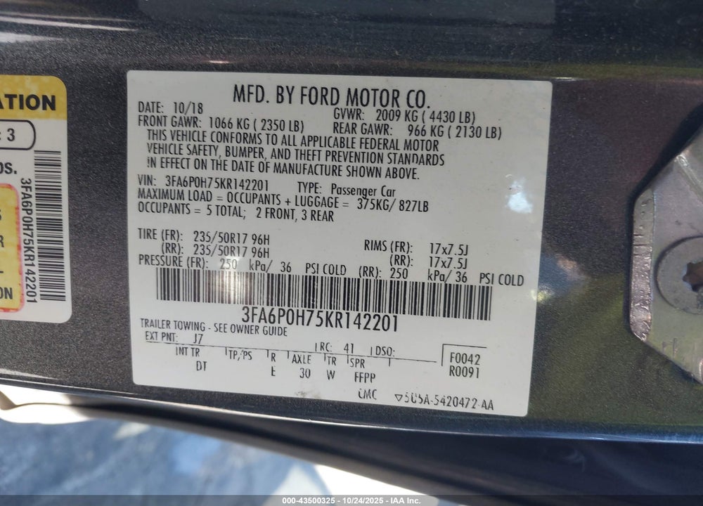 2019 FORD FUSION VIN: 3FA6P0H75KR142201