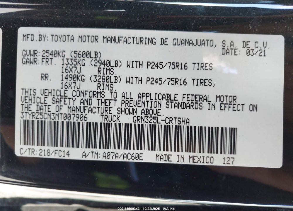 2021 TOYOTA TACOMA SR5 V6 VIN: 3TYRZ5CN3MT007906