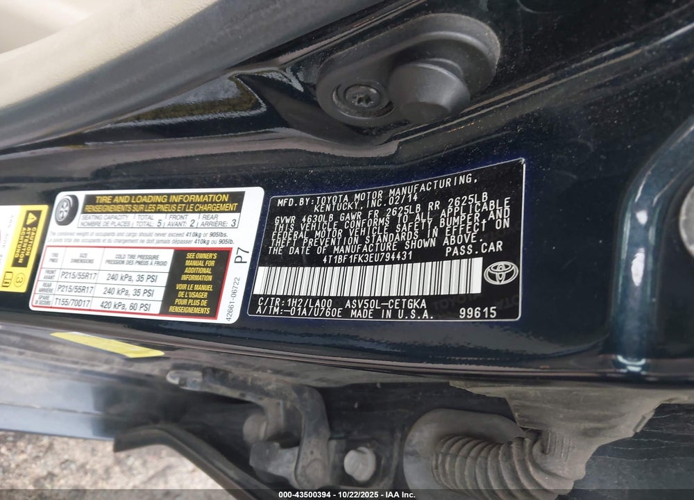 2014 TOYOTA CAMRY XLE VIN: 4T1BF1FK3EU794431