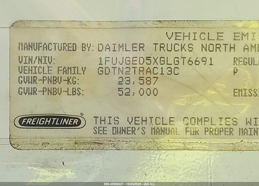2016 FREIGHTLINER CASCADIA 125 VIN: 1FUJGED5XGLGT6691