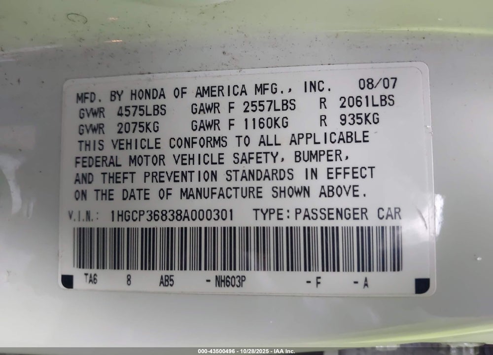 2008 HONDA ACCORD 3.5 EX-L VIN: 1HGCP36838A000301