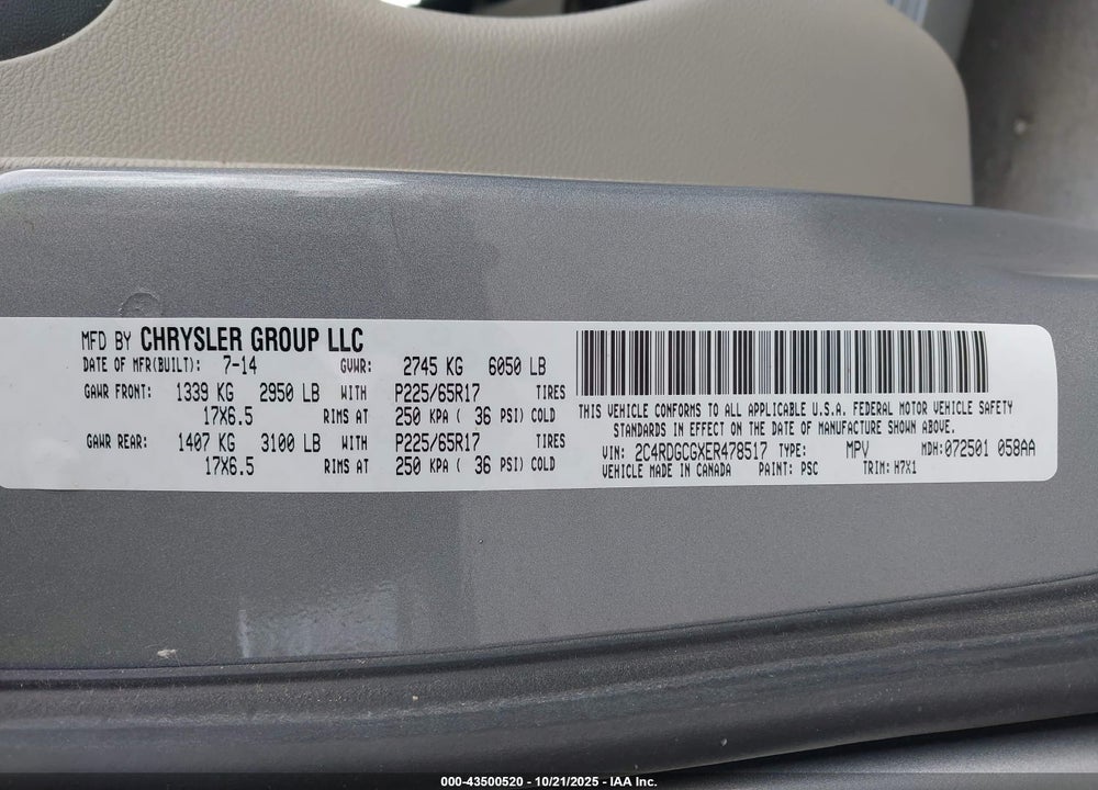 2014 DODGE GRAND CARAVAN SXT VIN: 2C4RDGCGXER478517