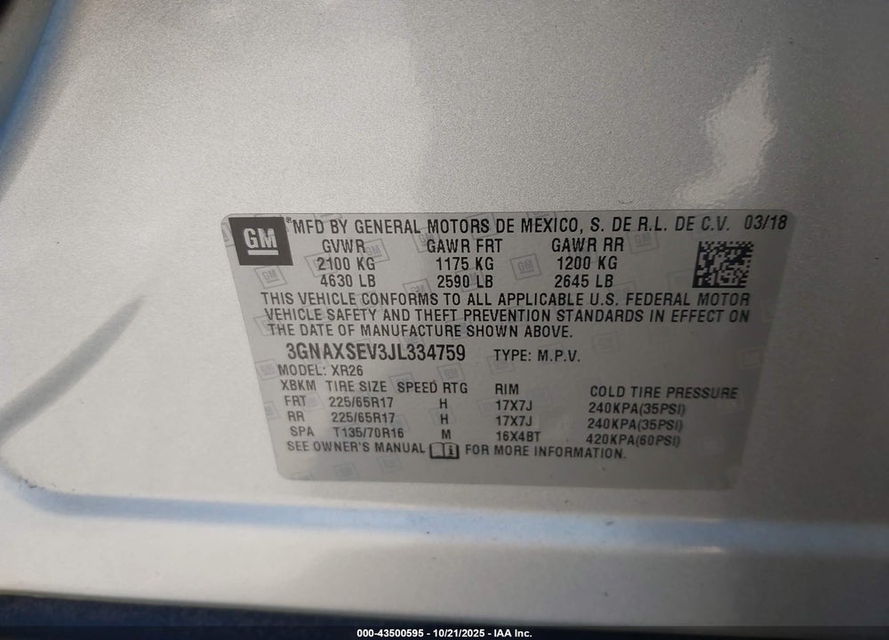 2018 CHEVROLET EQUINOX LT VIN: 3GNAXSEV3JL334759