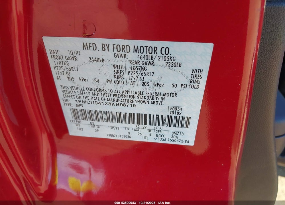 2008 FORD ESCAPE LIMITED VIN: 1FMCU941X8KB98719