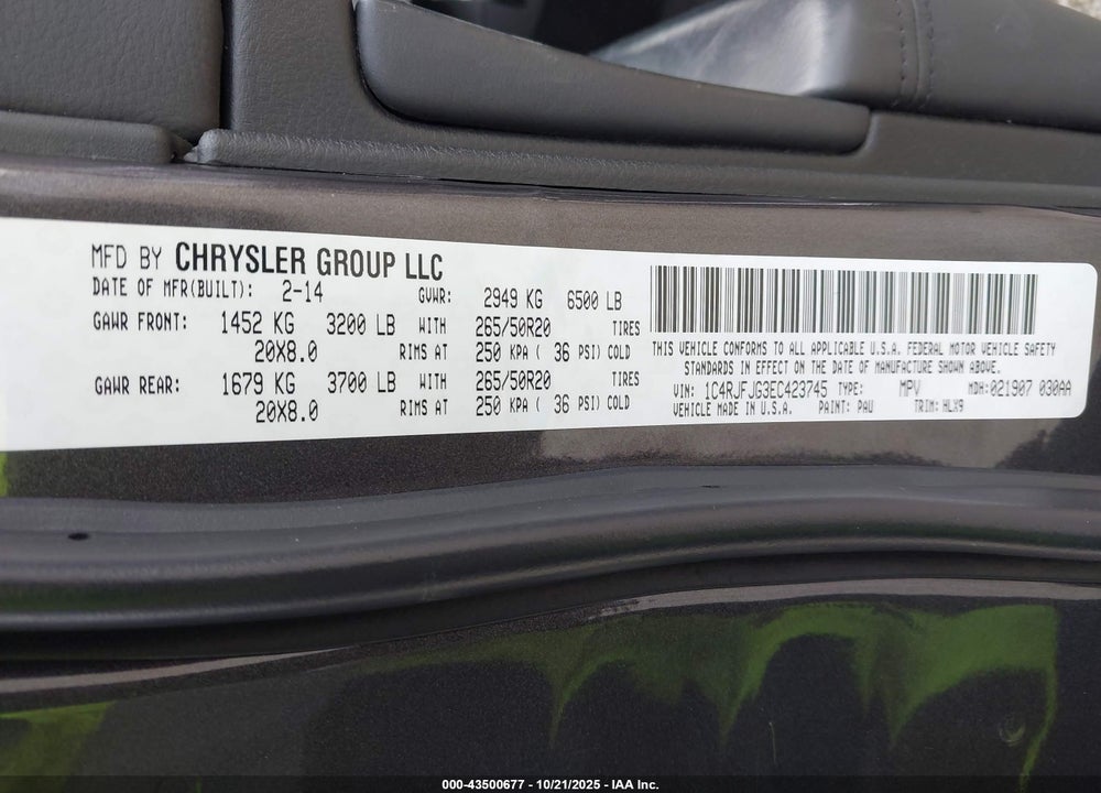 2014 JEEP GRAND CHEROKEE VIN: 1C4RJFJG3EC423745