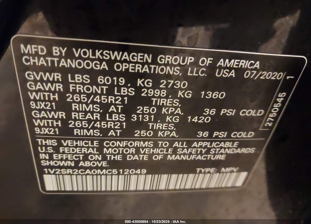 2021 VOLKSWAGEN ATLAS VIN: 1V2SR2CA0MC512049