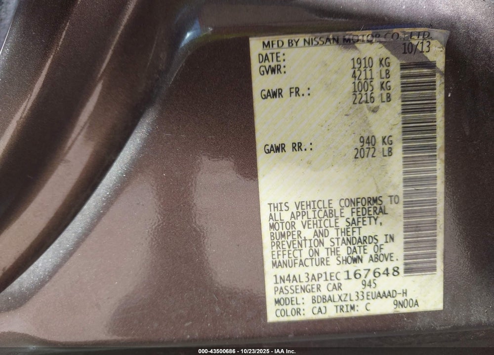 2014 NISSAN ALTIMA 2.5 SL VIN: 1N4AL3AP1EC167648