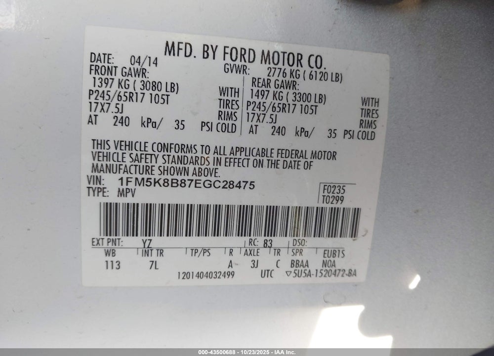 2014 FORD EXPLORER VIN: 1FM5K8B87EGC28475