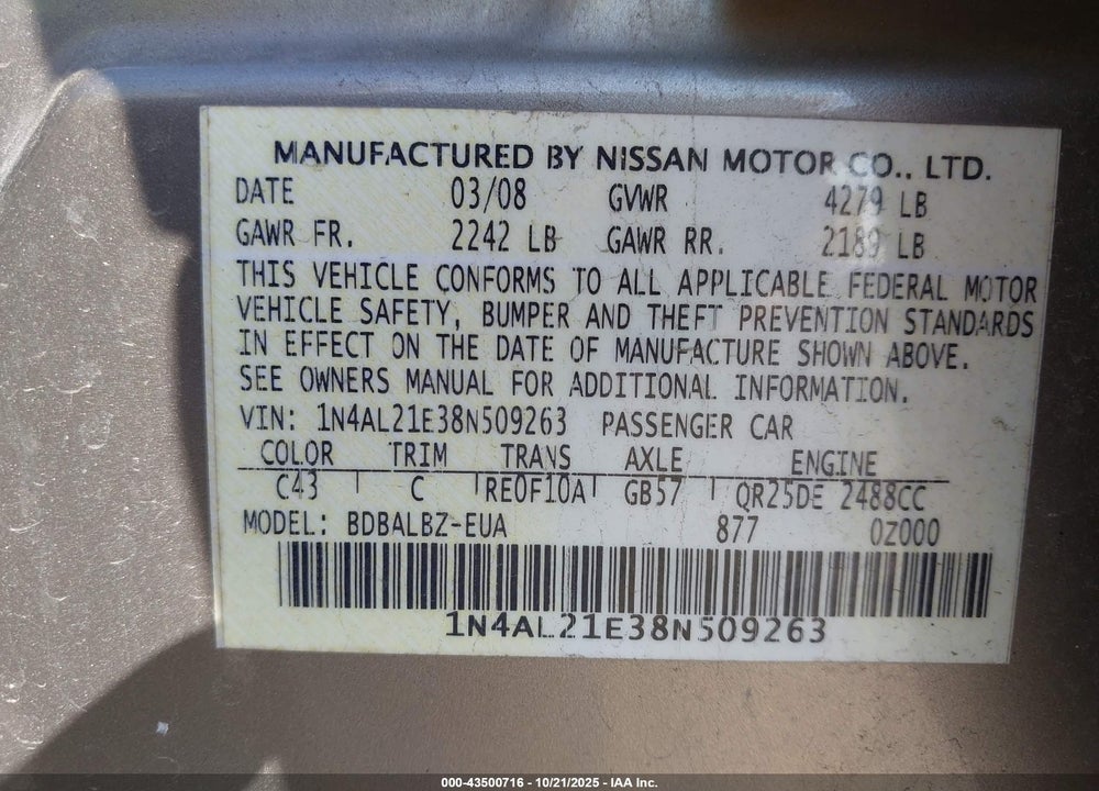 2008 NISSAN ALTIMA 2.5 S VIN: 1N4AL21E38N509263