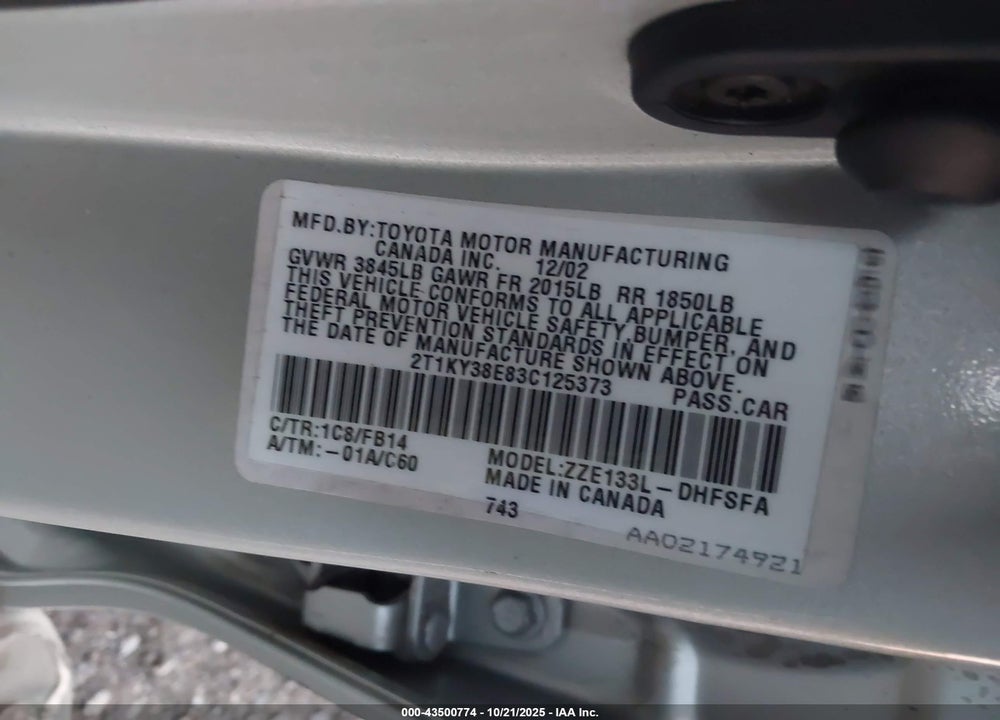2003 TOYOTA MATRIX XRS VIN: 2T1KY38E83C125373