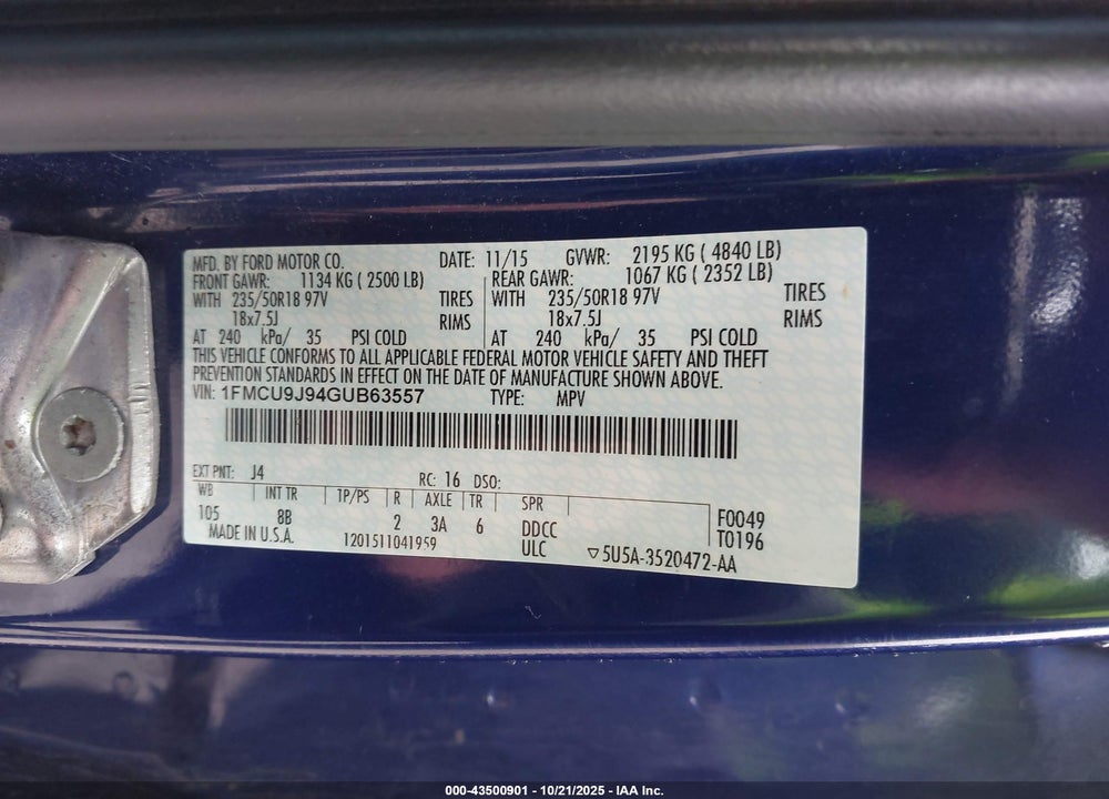 2016 FORD ESCAPE VIN: 1FMCU9J94GUB63557