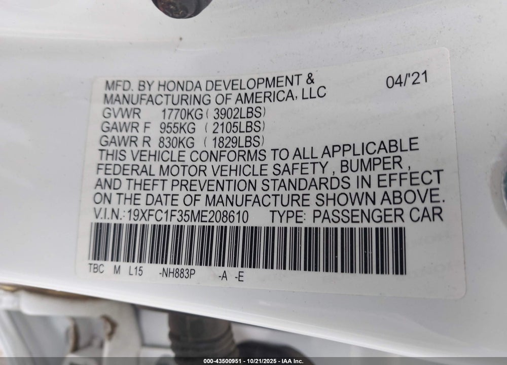 2021 HONDA CIVIC EX VIN: 19XFC1F35ME208610