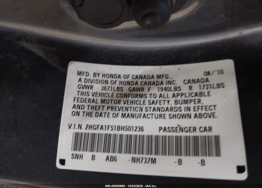 2011 HONDA CIVIC LX VIN: 2HGFA1F51BH501236