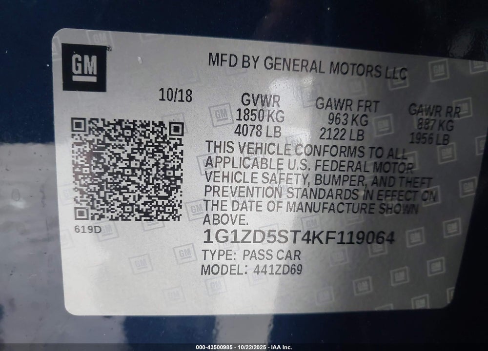 2019 CHEVROLET MALIBU LT VIN: 1G1ZD5ST4KF119064