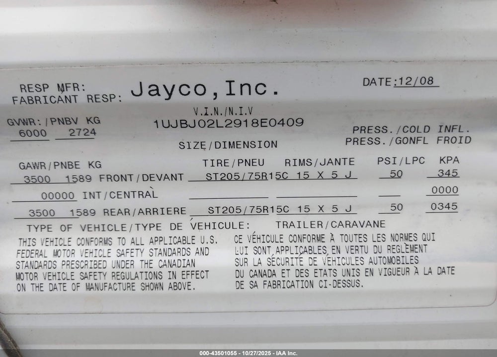 2009 JAYCO JAY FLIGHT 22FB VIN: 1UJBJ02L2918E0409