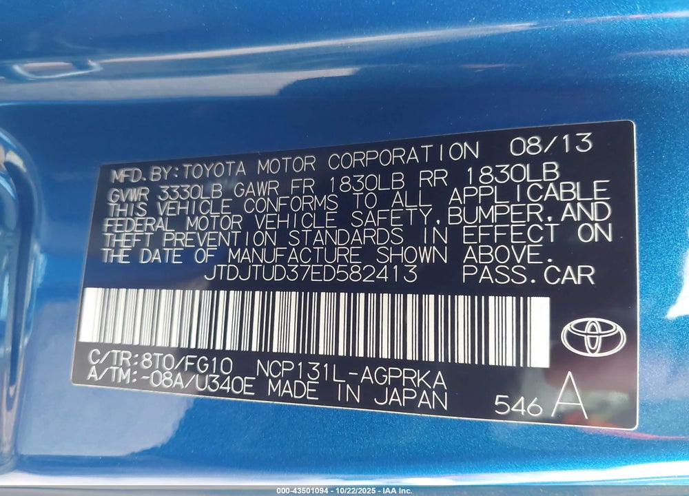 2014 TOYOTA YARIS LE (TMC/CBU PLANT) VIN: JTDJTUD37ED582413