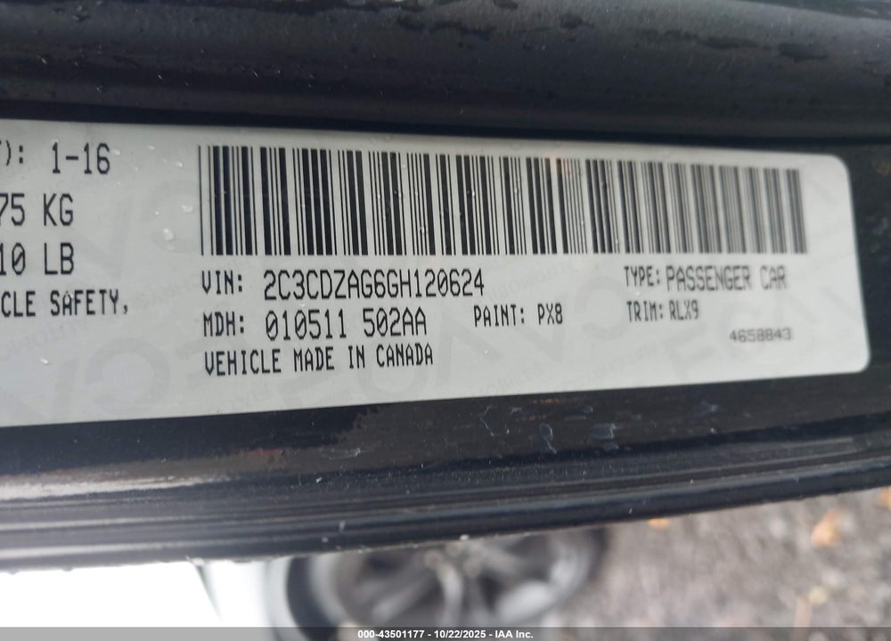 2016 DODGE CHALLENGER VIN: 2C3CDZAG6GH120624