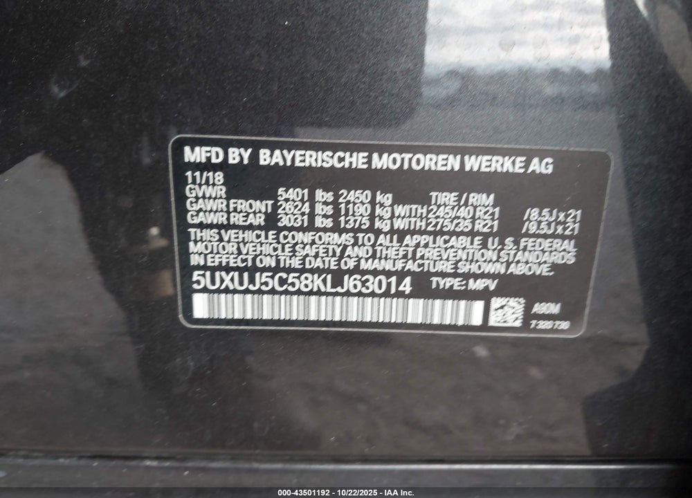 2019 BMW X4 M40I VIN: 5UXUJ5C58KLJ63014