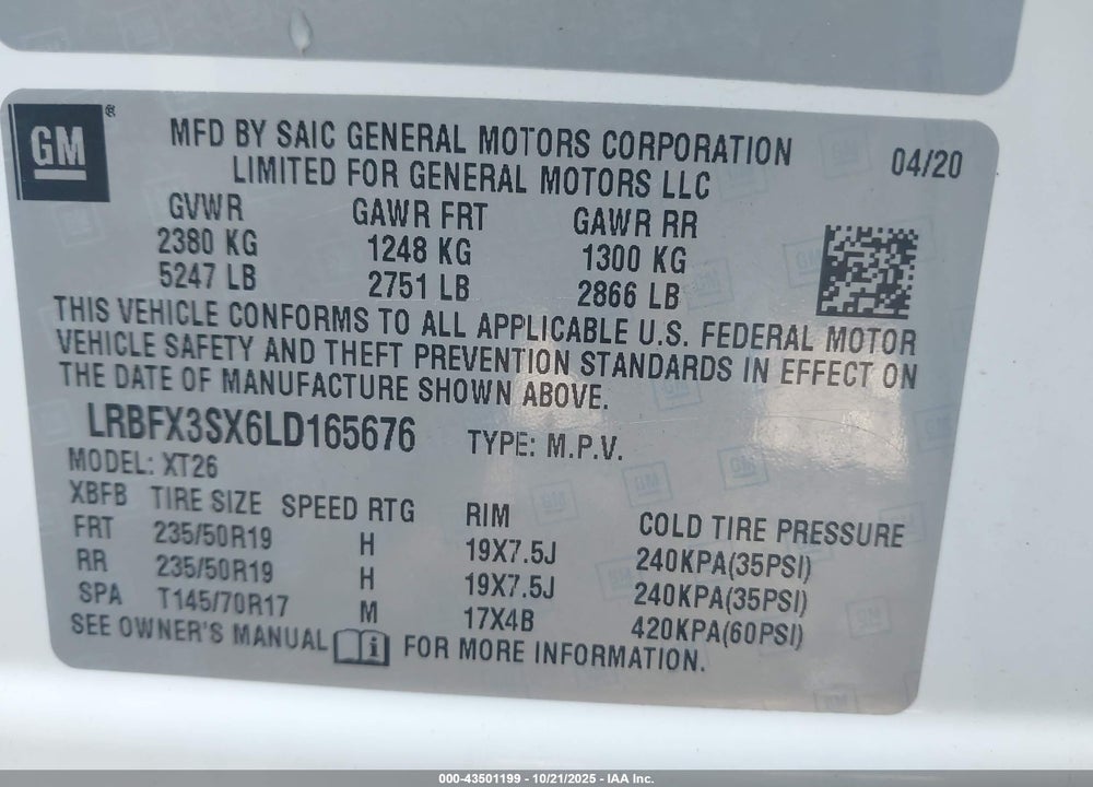 2020 BUICK ENVISION VIN: LRBFX3SX6LD165676
