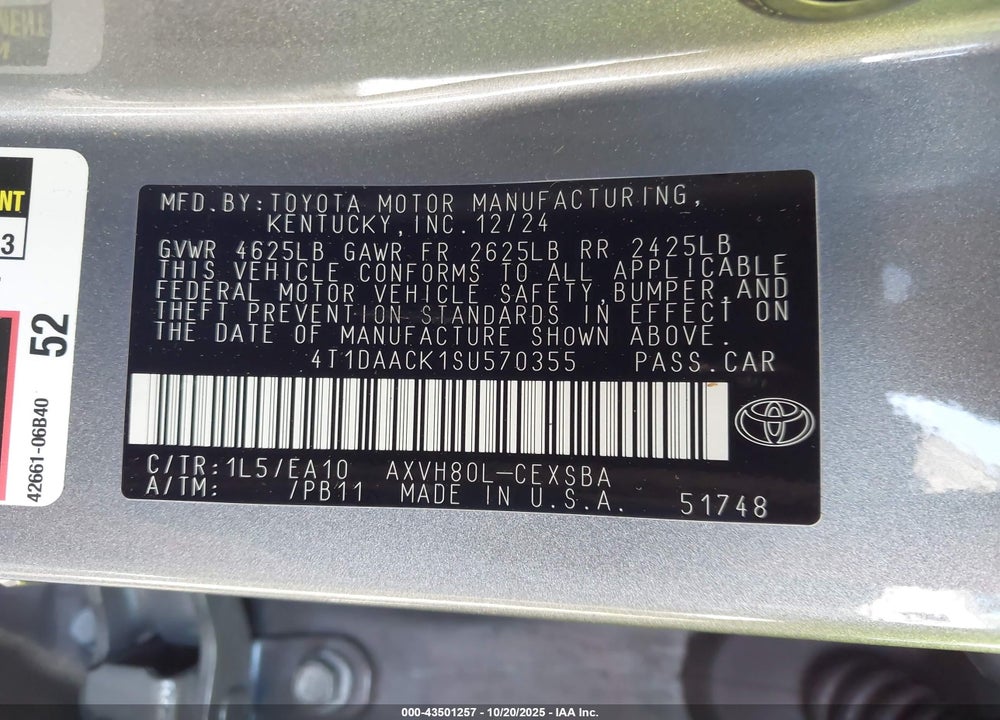 2025 TOYOTA CAMRY SE VIN: 4T1DAACK1SU570355