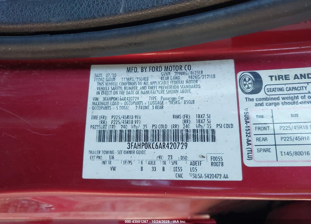 2010 FORD FUSION VIN: 3FAHP0KC6AR420729