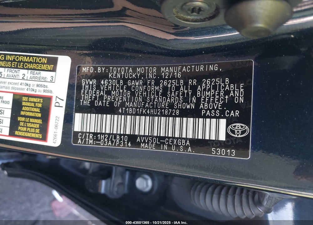 2017 TOYOTA CAMRY HYBRID XLE VIN: 4T1BD1FK4HU218728