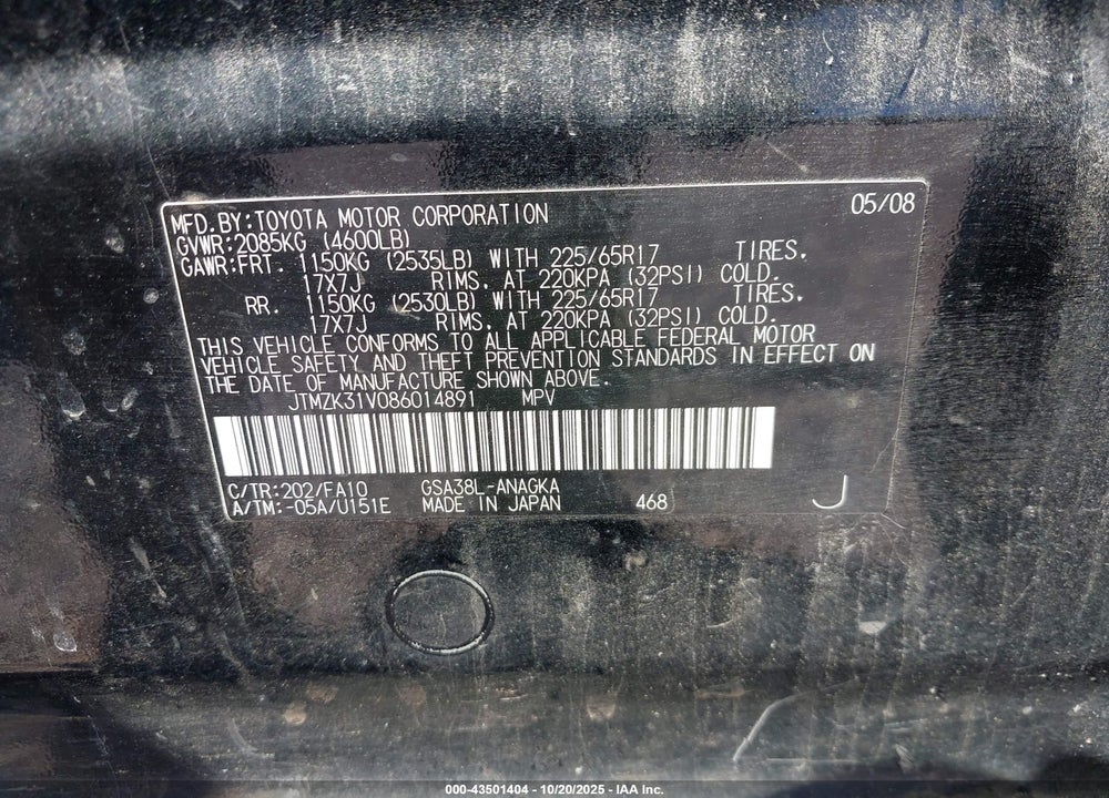 2008 TOYOTA RAV4 LIMITED V6 VIN: JTMZK31V086014891