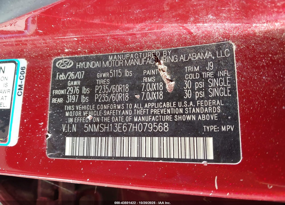 2007 HYUNDAI SANTA FE VIN: 5NMSH13E67H079568