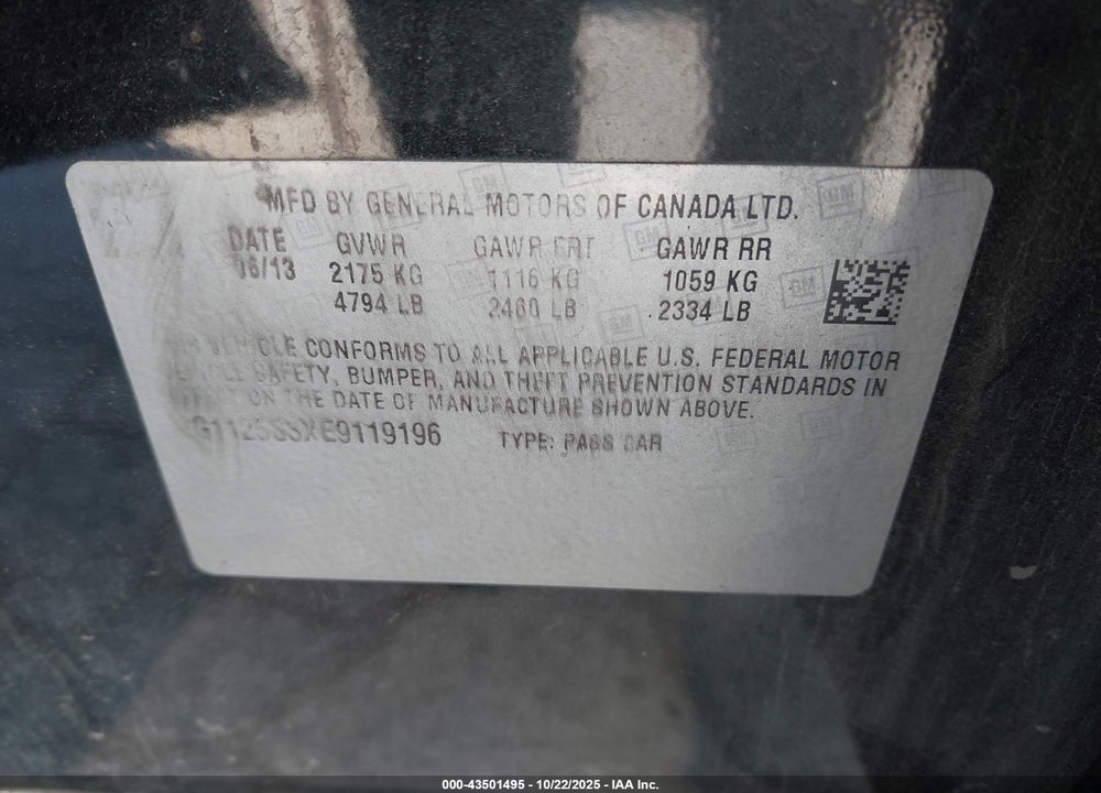 2014 CHEVROLET IMPALA 2LT VIN: 2G1125S3XE9119196