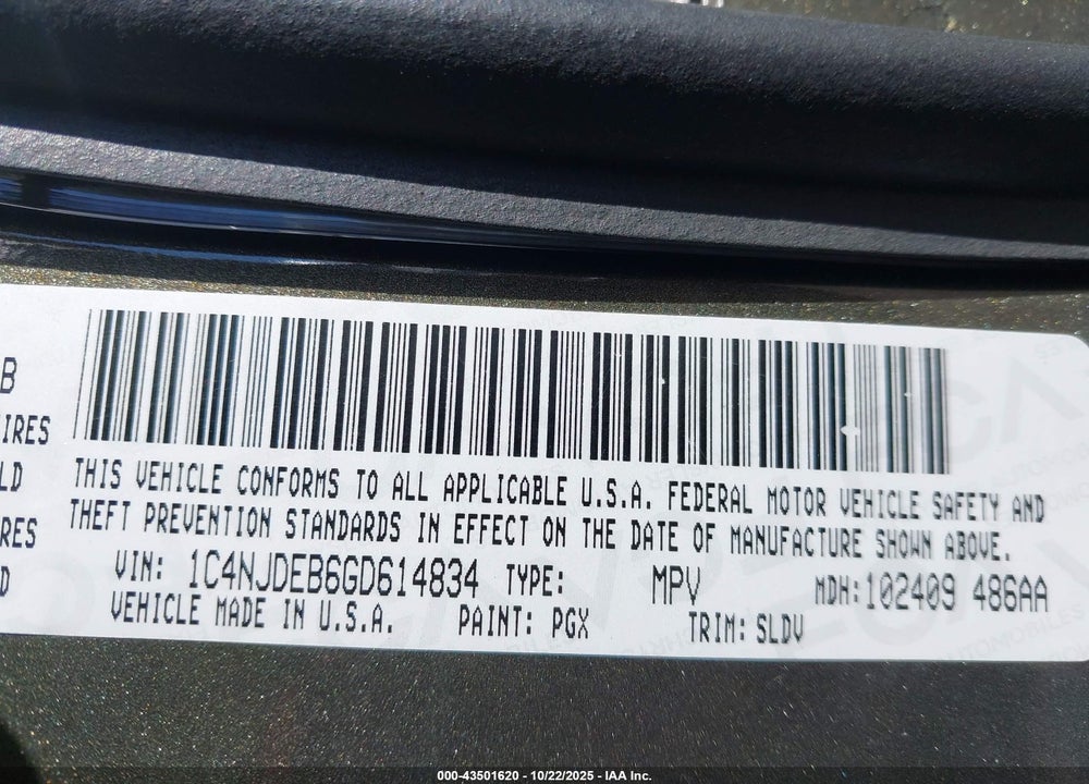 2016 JEEP COMPASS VIN: 1C4NJDEB6GD614834