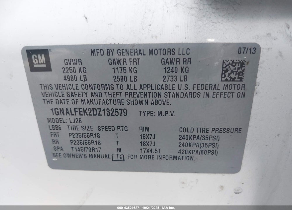 2013 CHEVROLET EQUINOX LTZ VIN: 1GNALFEK2DZ132579