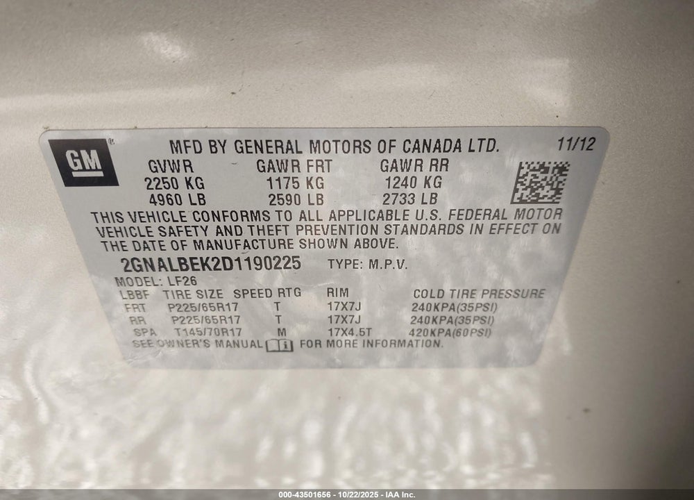 2013 CHEVROLET EQUINOX VIN: 2GNALBEK2D1190225