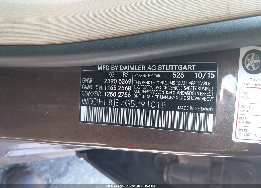 2016 MERCEDES-BENZ E-CLASS VIN: WDDHF8JB7GB291018