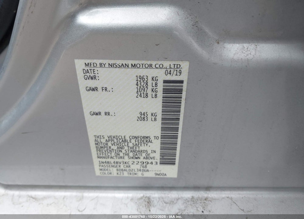 2019 NISSAN ALTIMA VIN: 1N4BL4BV3KC229943