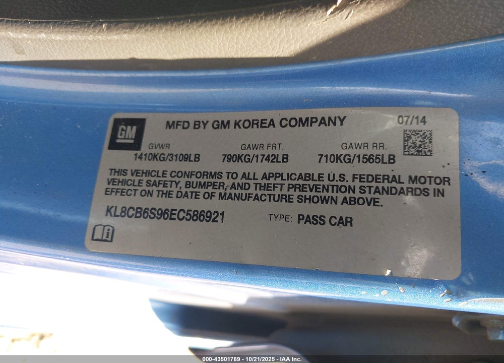 2014 CHEVROLET SPARK LS AUTO VIN: KL8CB6S96EC586921