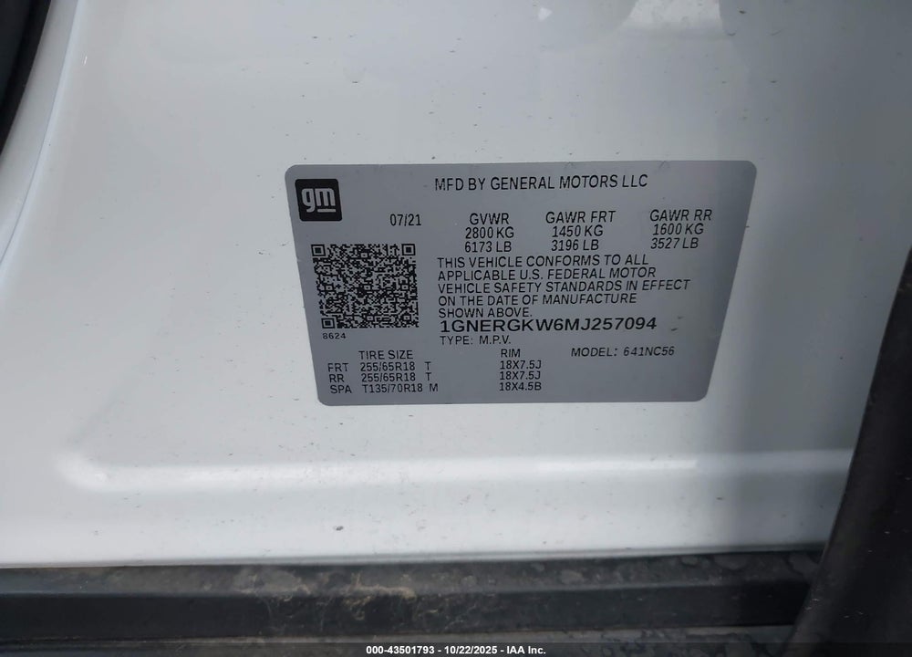 2021 CHEVROLET TRAVERSE FWD LT CLOTH VIN: 1GNERGKW6MJ257094