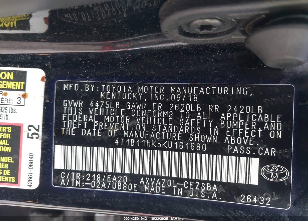2019 TOYOTA CAMRY VIN: 4T1B11HK5KU161680