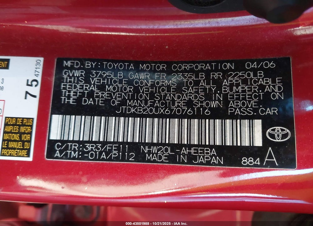 2006 TOYOTA PRIUS VIN: JTDKB20UX67076116
