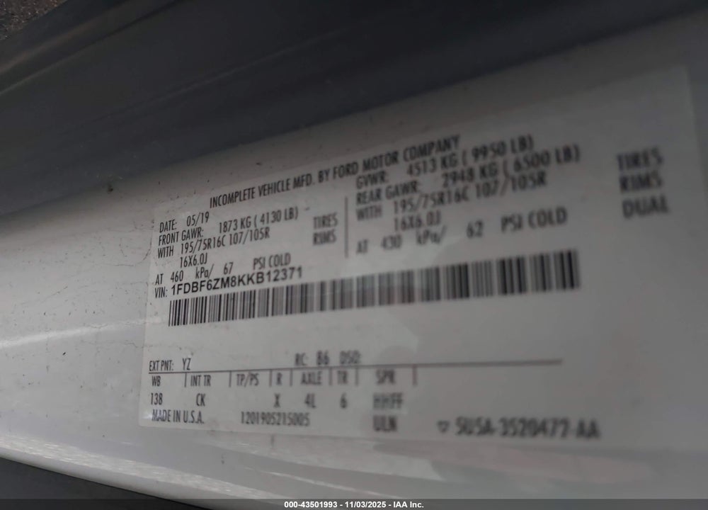 2019 FORD TRANSIT-350 CAB VIN: 1FDBF6ZM8KKB12371