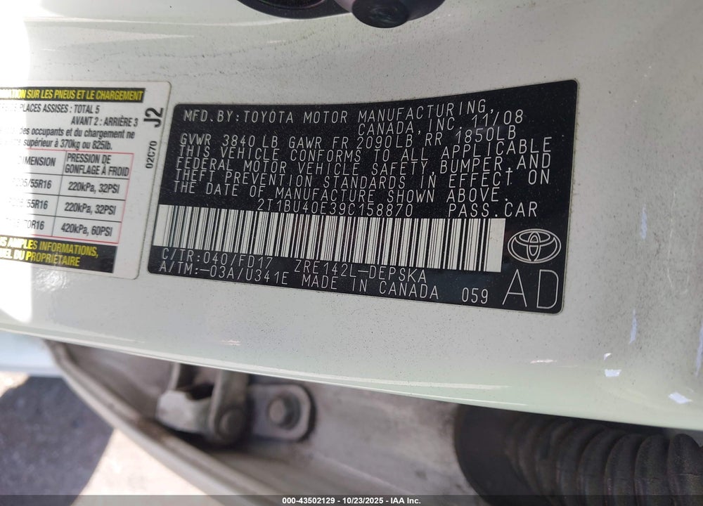 2009 TOYOTA COROLLA S VIN: 2T1BU40E39C158870