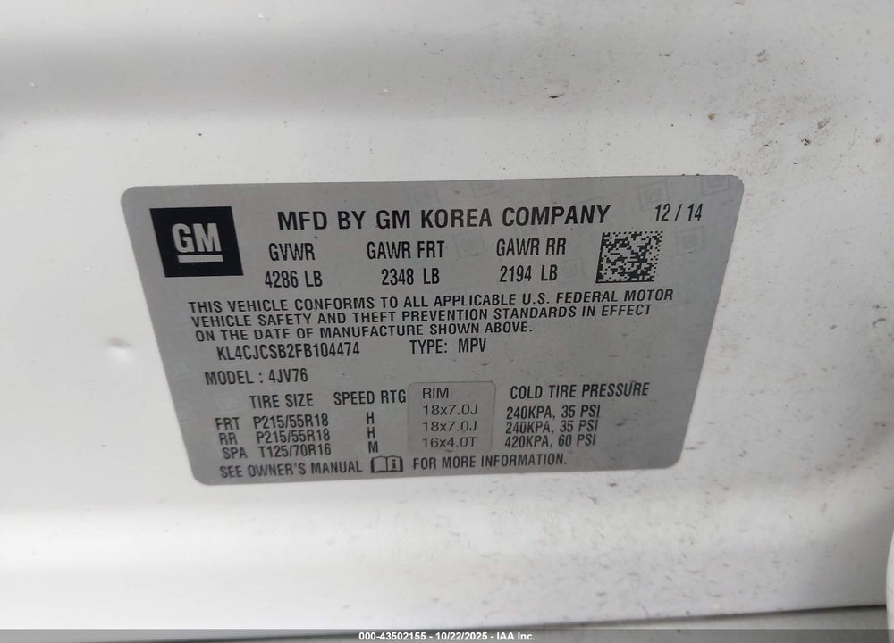 2015 BUICK ENCORE LEATHER VIN: KL4CJCSB2FB104474