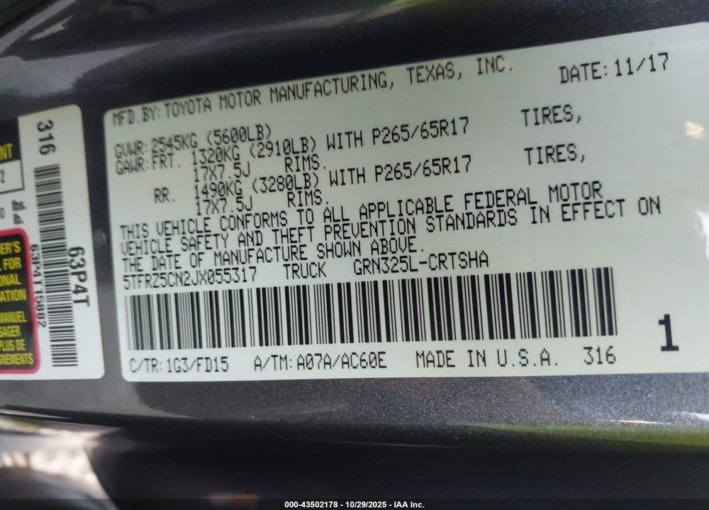 2018 TOYOTA TACOMA TRD SPORT VIN: 5TFRZ5CN2JX055317