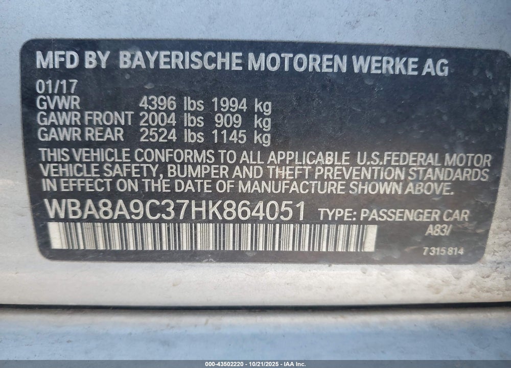 2017 BMW 3 SERIES VIN: WBA8A9C37HK864051